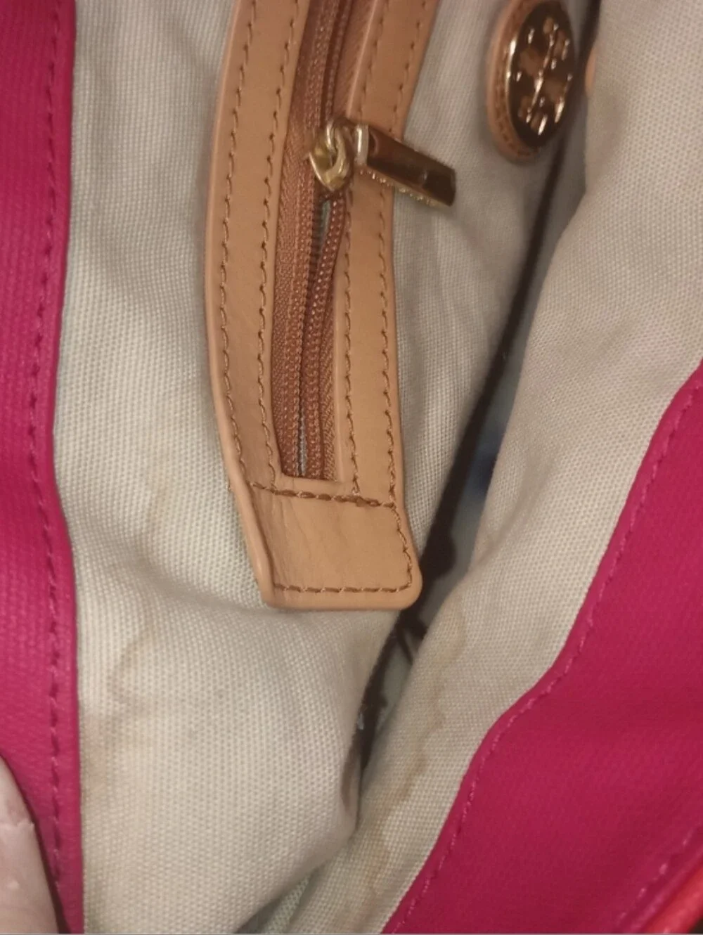 Tory Burch Red Canvas Tote with Tan Leather Handles